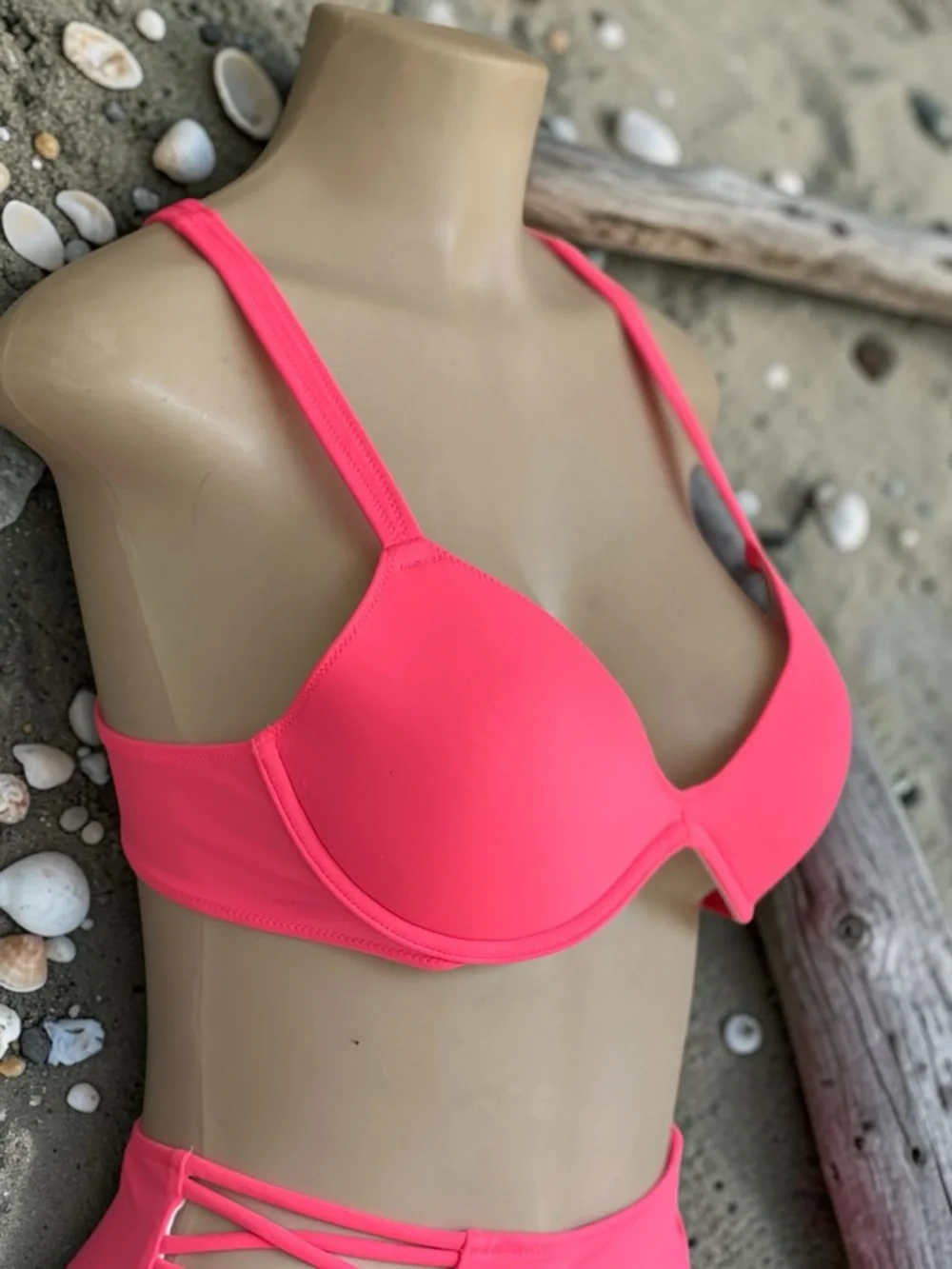 PINK Victoria’s Secret Neon Pink High-Waisted Bikini & Push-Up Swim Top Set - Picture 4 of 15